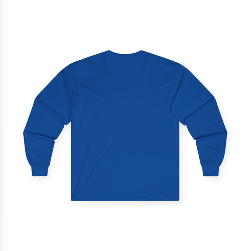 Blue Printify Essential Logo Long Sleeve Tee, crew-neck, back view