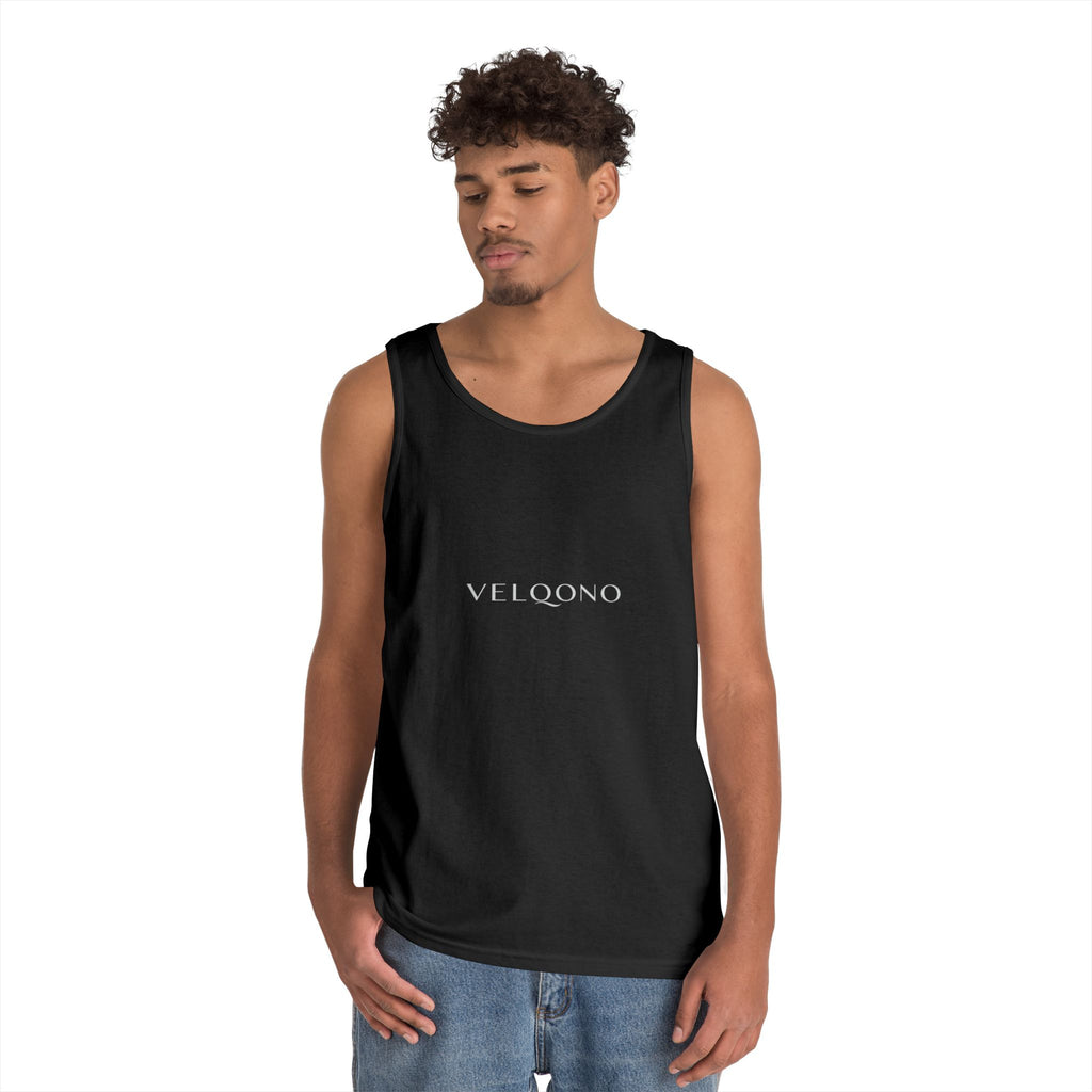 Essential Logo Tank Top by Printify, black sleeveless tank with Velqono logo on front