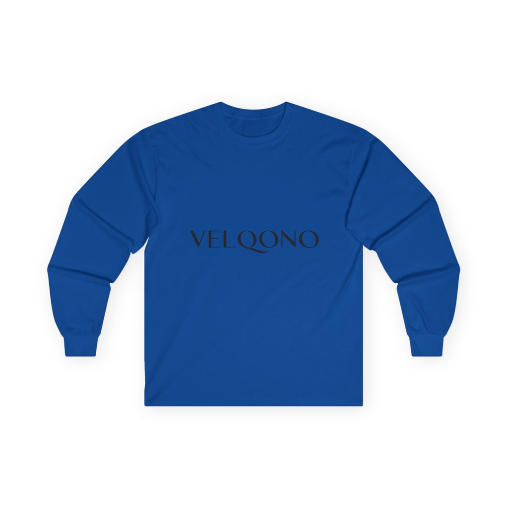 Essential Logo long-sleeve tee in royal blue with VELQONO logo across chest