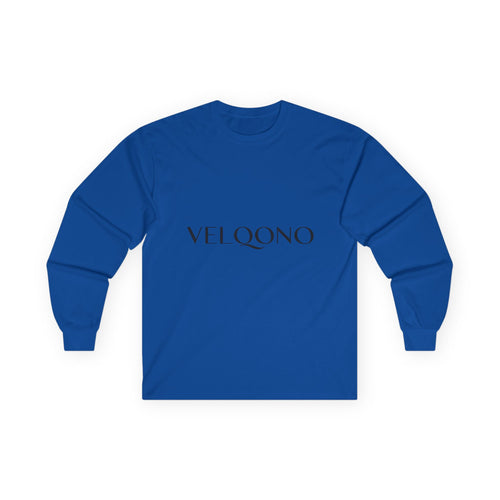 Essential Logo long-sleeve tee in royal blue with VELQONO logo across chest