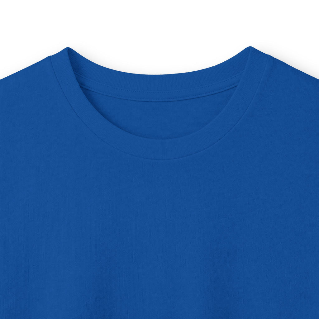 Essential Logo Long Sleeve Tee, blue fabric, neckline close-up