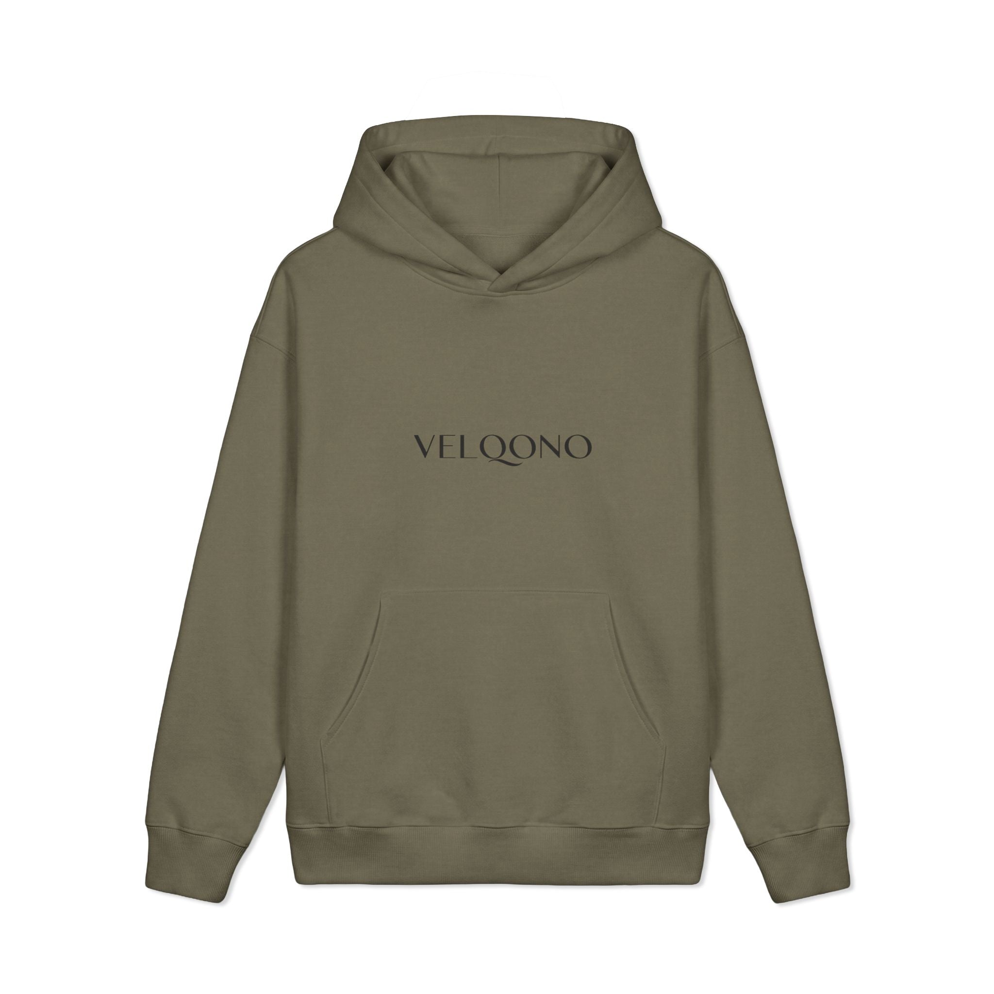 Essential Heavyweight Hoodie by Printify in olive with VELQONO logo on chest.