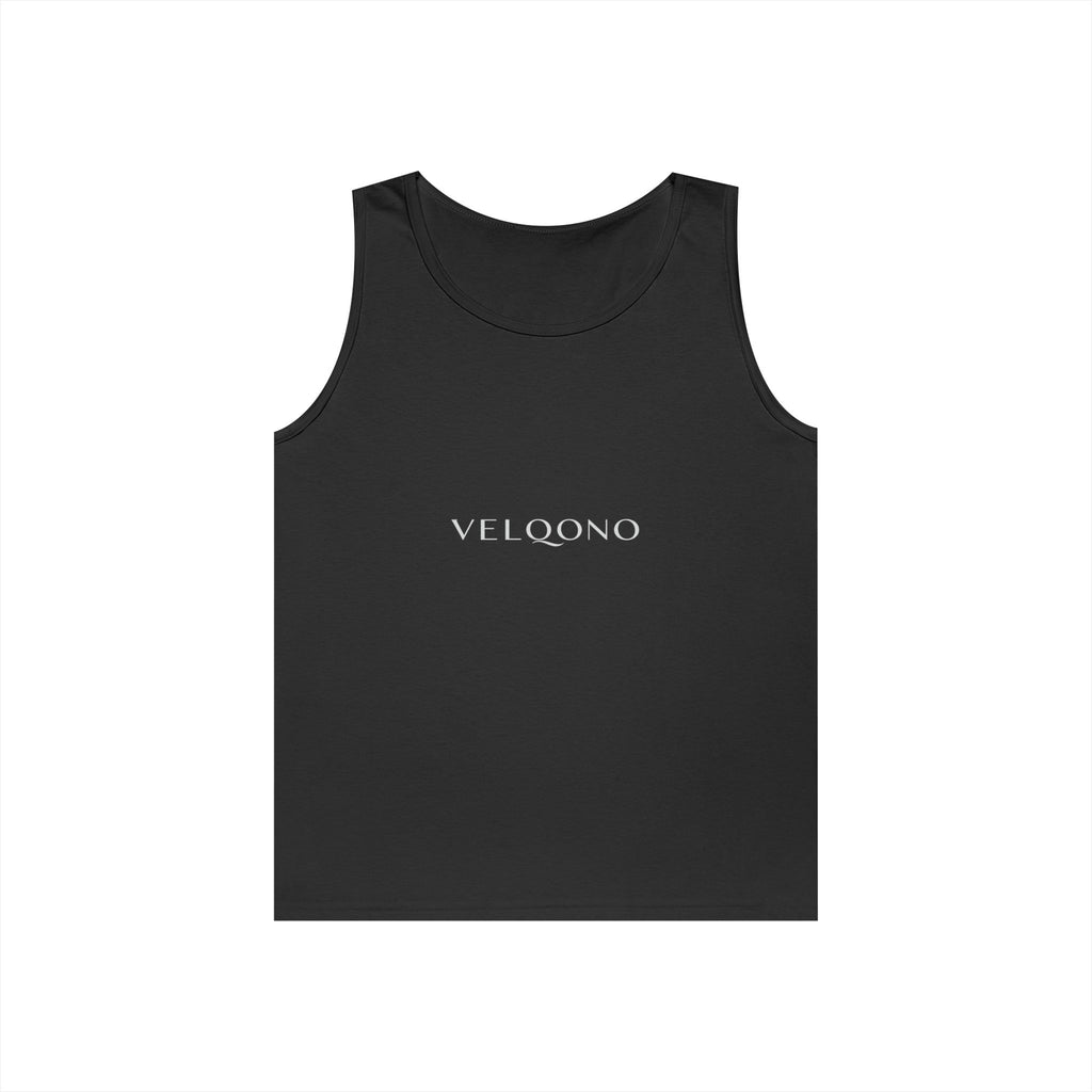 Essential Logo Tank Top by Printify, black sleeveless tank with VELQNO logo text