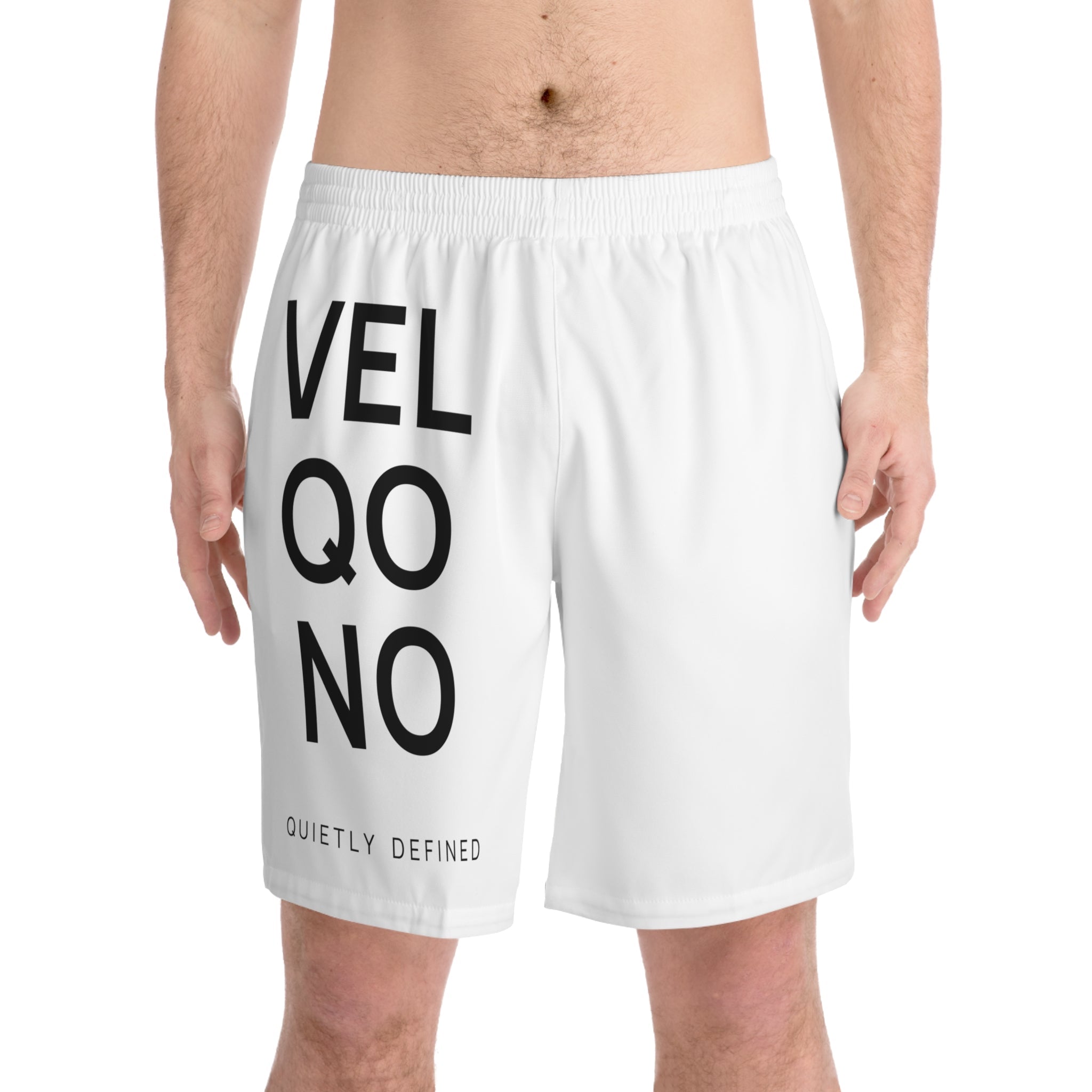 Men's Beach Shorts — Minimal 'VELQONO' Vertical Text Design (Quietly Defined) - Velqono
