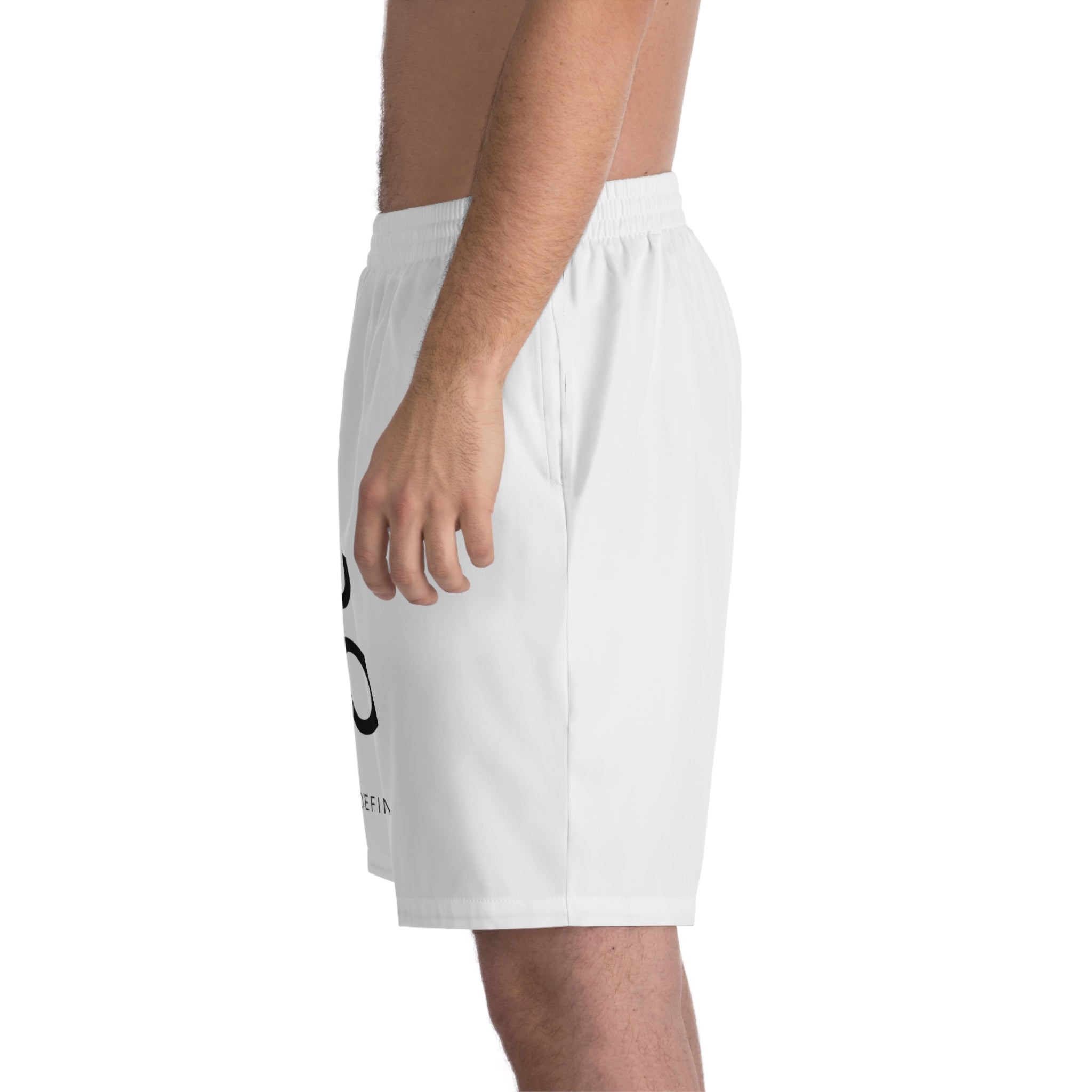 Men's Beach Shorts — Minimal 'VELQONO' Vertical Text Design (Quietly Defined) - Velqono