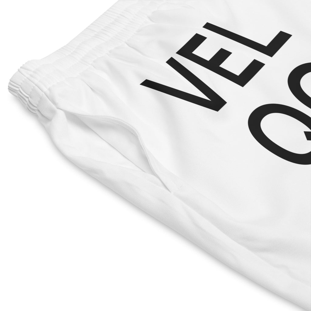Men's Beach Shorts — Minimal 'VELQONO' Vertical Text Design (Quietly Defined) - Velqono