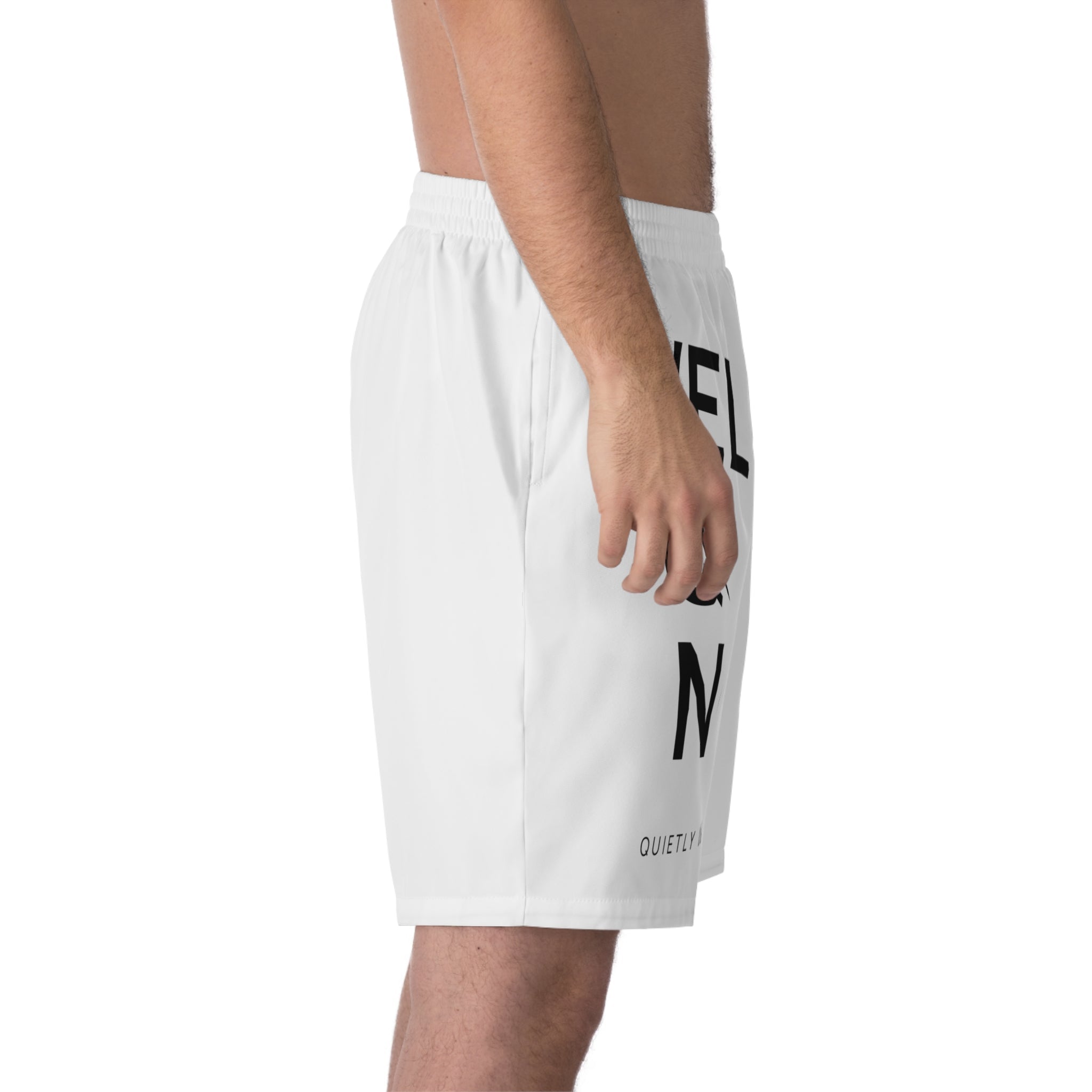 Men's Beach Shorts — Minimal 'VELQONO' Vertical Text Design (Quietly Defined) - Velqono