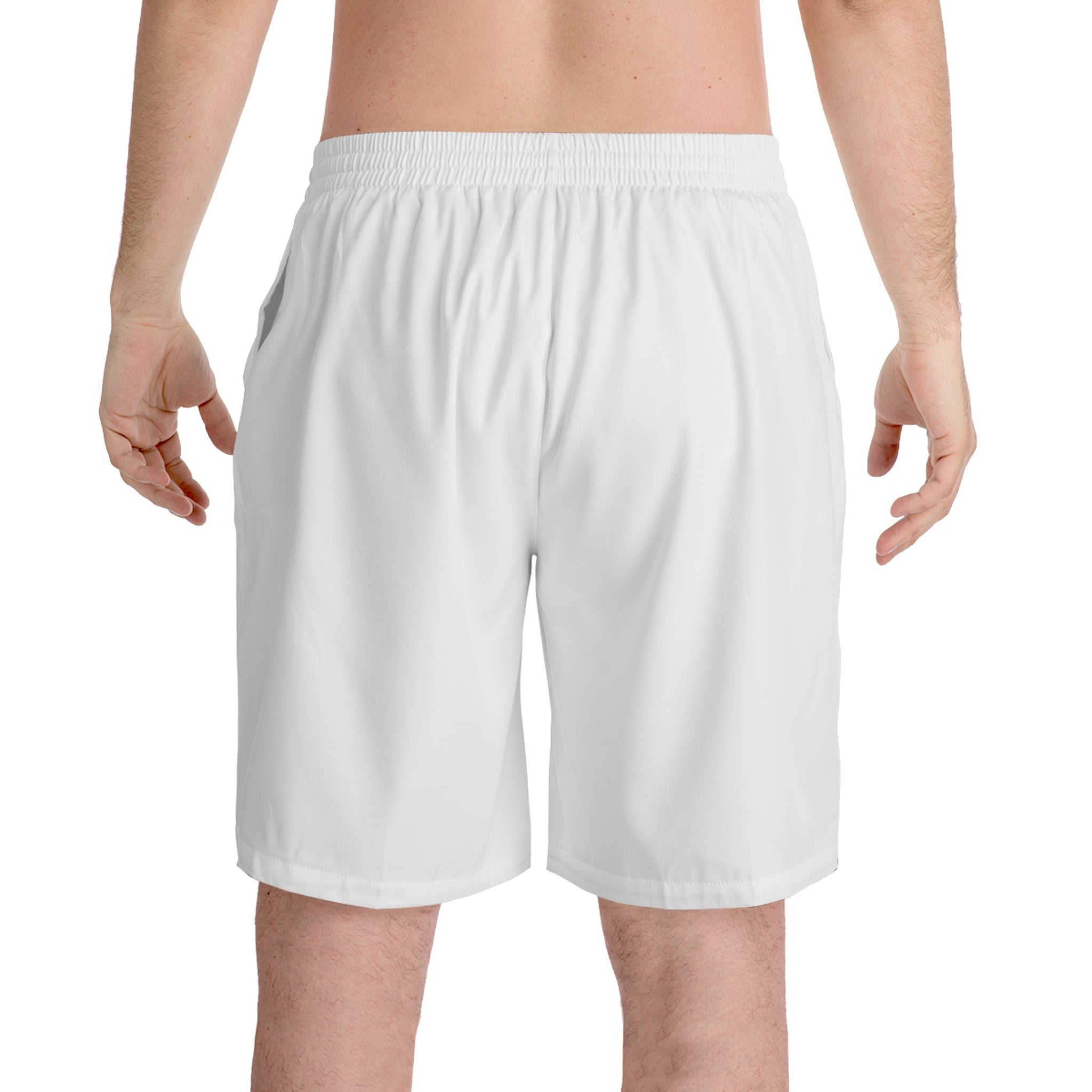 Men's Beach Shorts — Minimal 'VELQONO' Vertical Text Design (Quietly Defined) - Velqono