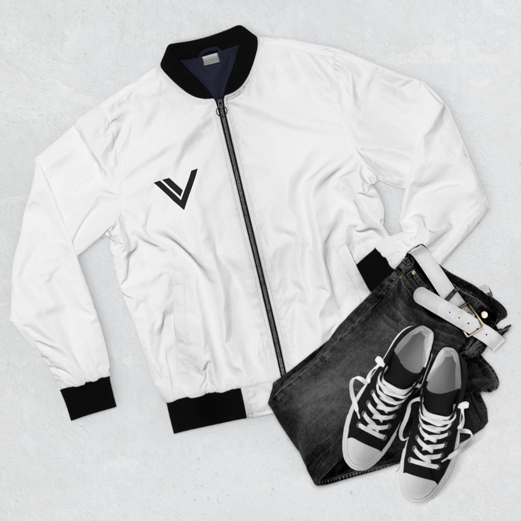 Minimal V Logo Bomber Jacket — Men's White AOP Streetwear - Velqono