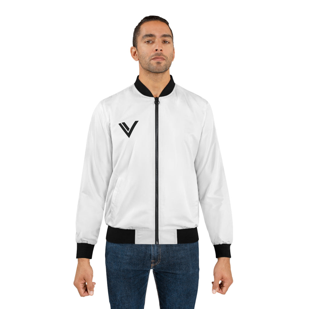 Minimal V Logo Bomber Jacket — Men's White AOP Streetwear - Velqono