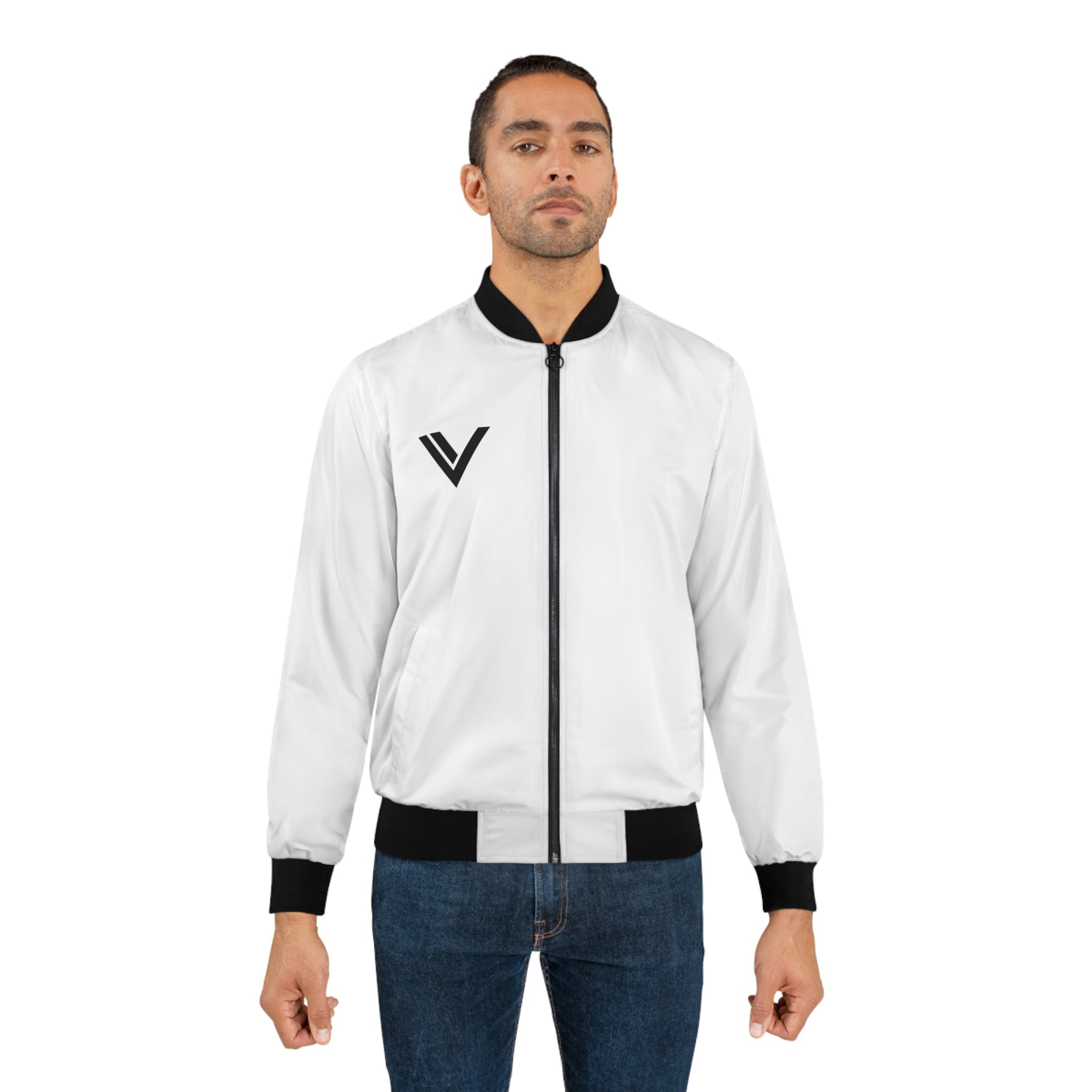 Minimal V Logo Bomber Jacket — Men's White AOP Streetwear - Velqono