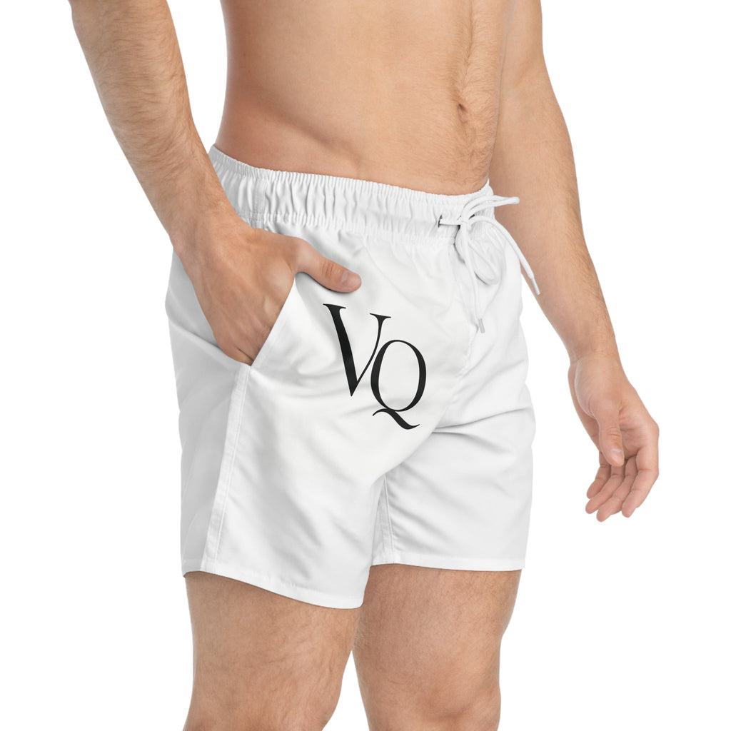 VQ Monogram Swim Trunks – Minimal White Beach Shorts - Velqono