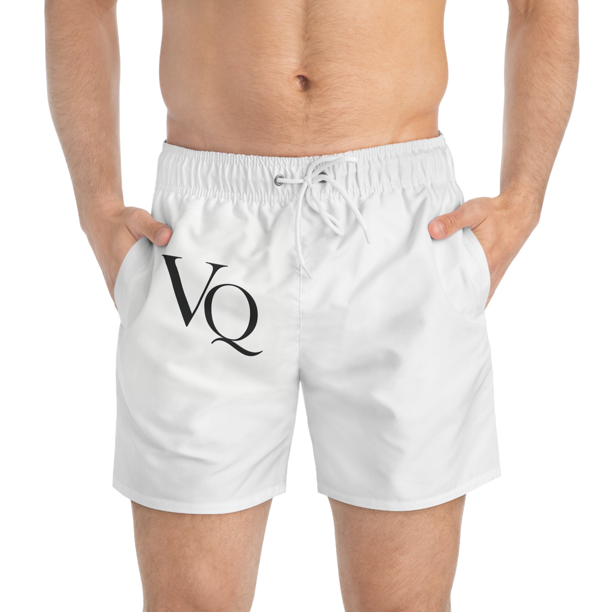 White men's swim trunks with a black 'VQ' logo on the left leg, shown on a model against a white background.