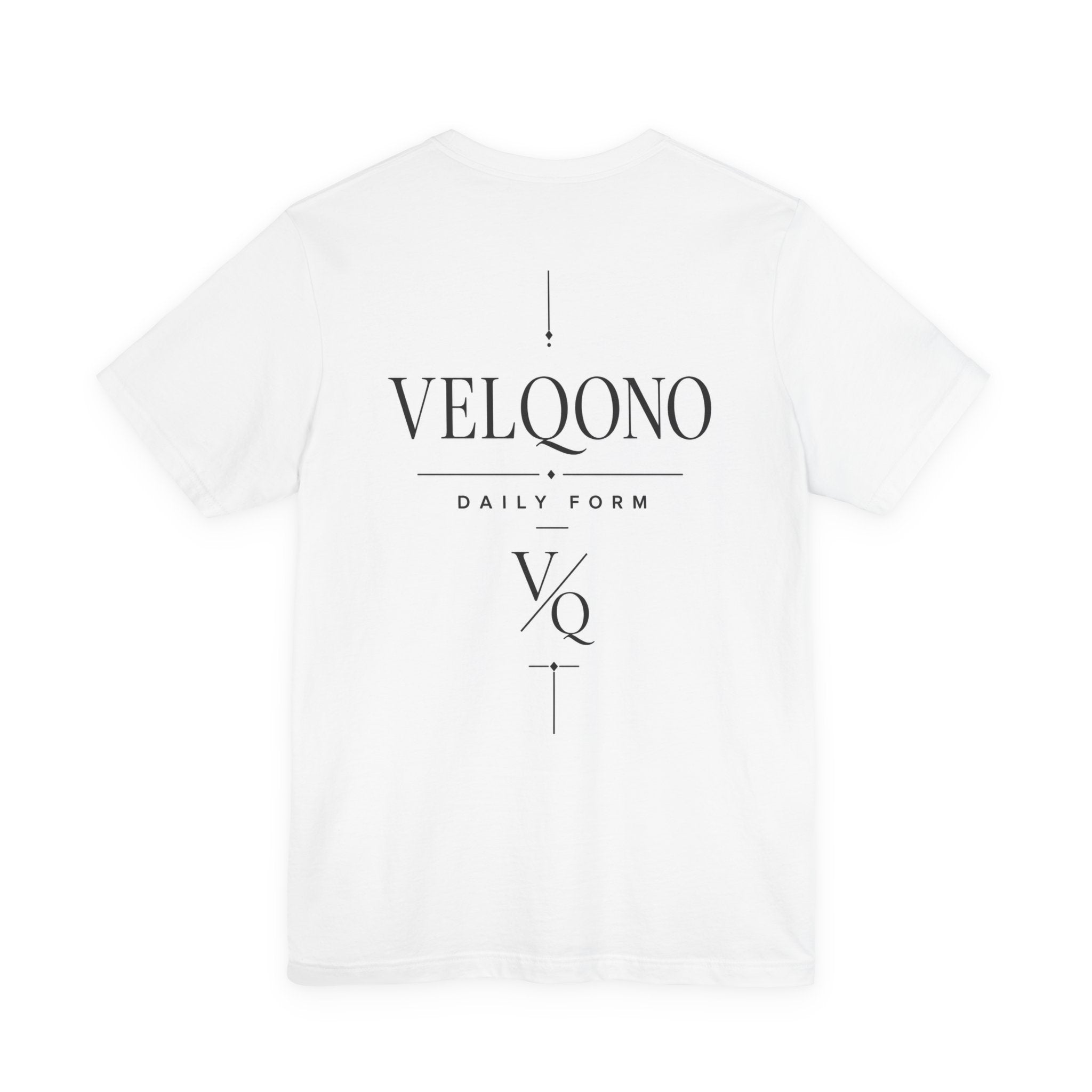 A white short-sleeve t-shirt with a black graphic print on the back. The design features the brand name 'VELQONO' in a serif font, the words 'DAILY FORM' underneath, and a stylized 'V/Q' monogram with geometric lines and a small cross at the bottom.