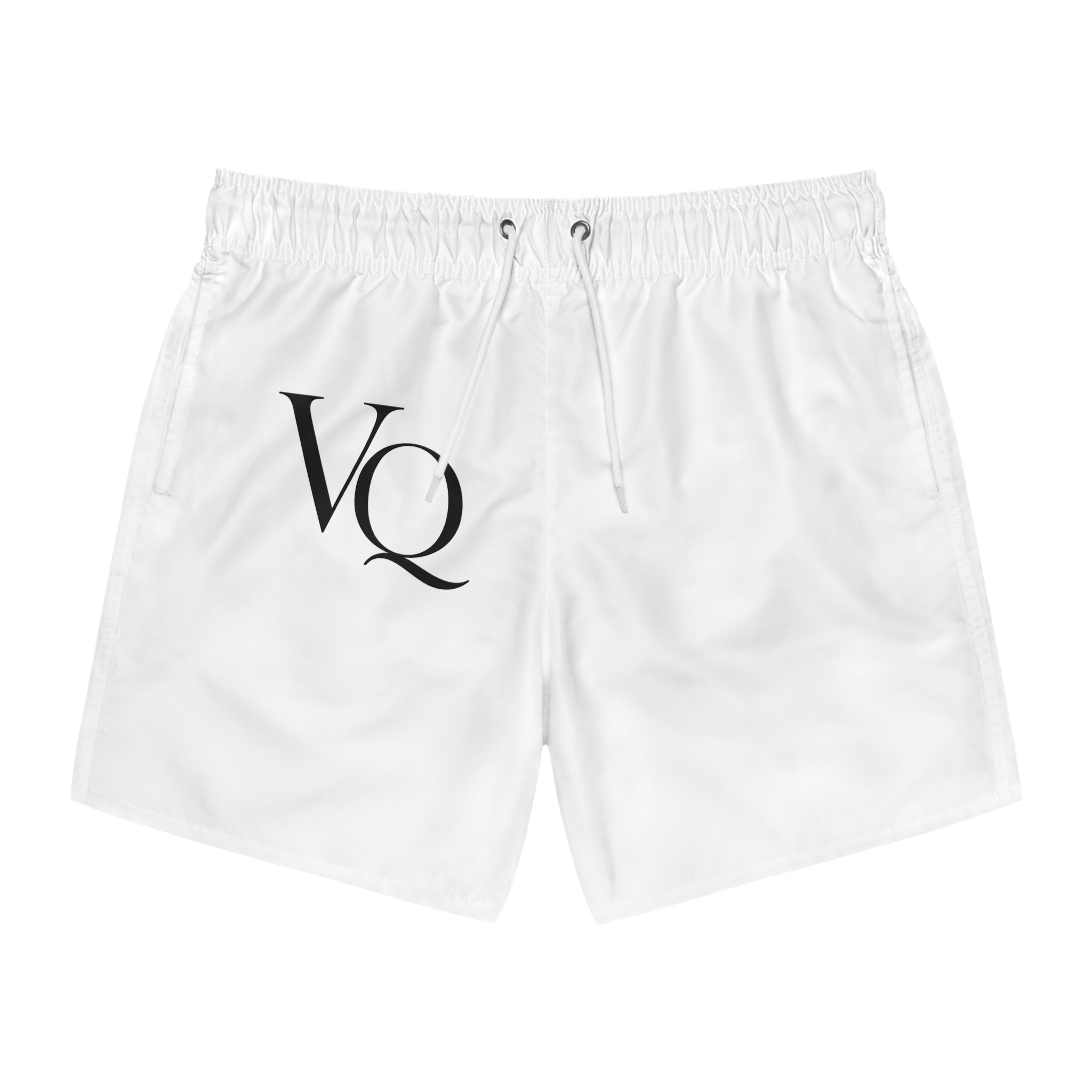 White swim shorts with a black 'VQ' monogram logo on the left leg, featuring an elastic waistband and drawstring.
